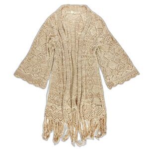 ROXY Crochet Knit Kimono Bell Sleeve Midi Duster Cardigan Boho Fringe Hem Brown